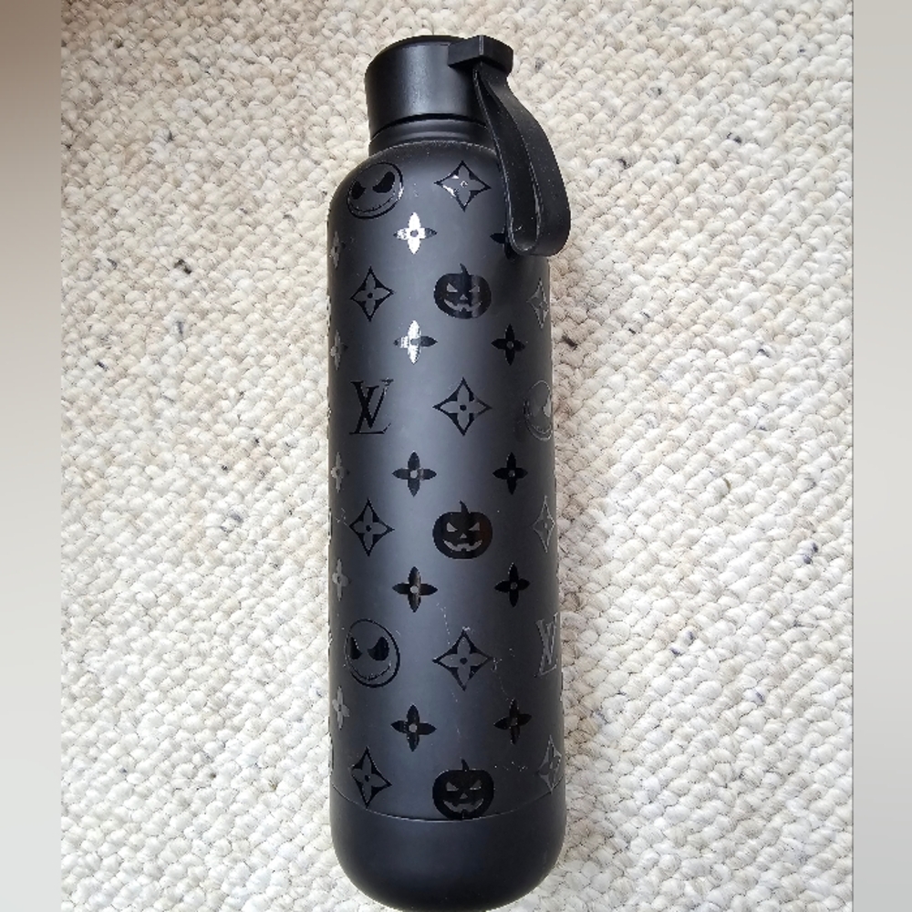 Halloween Black on black matte metal water bottle pumpkin Jack Skellington LV